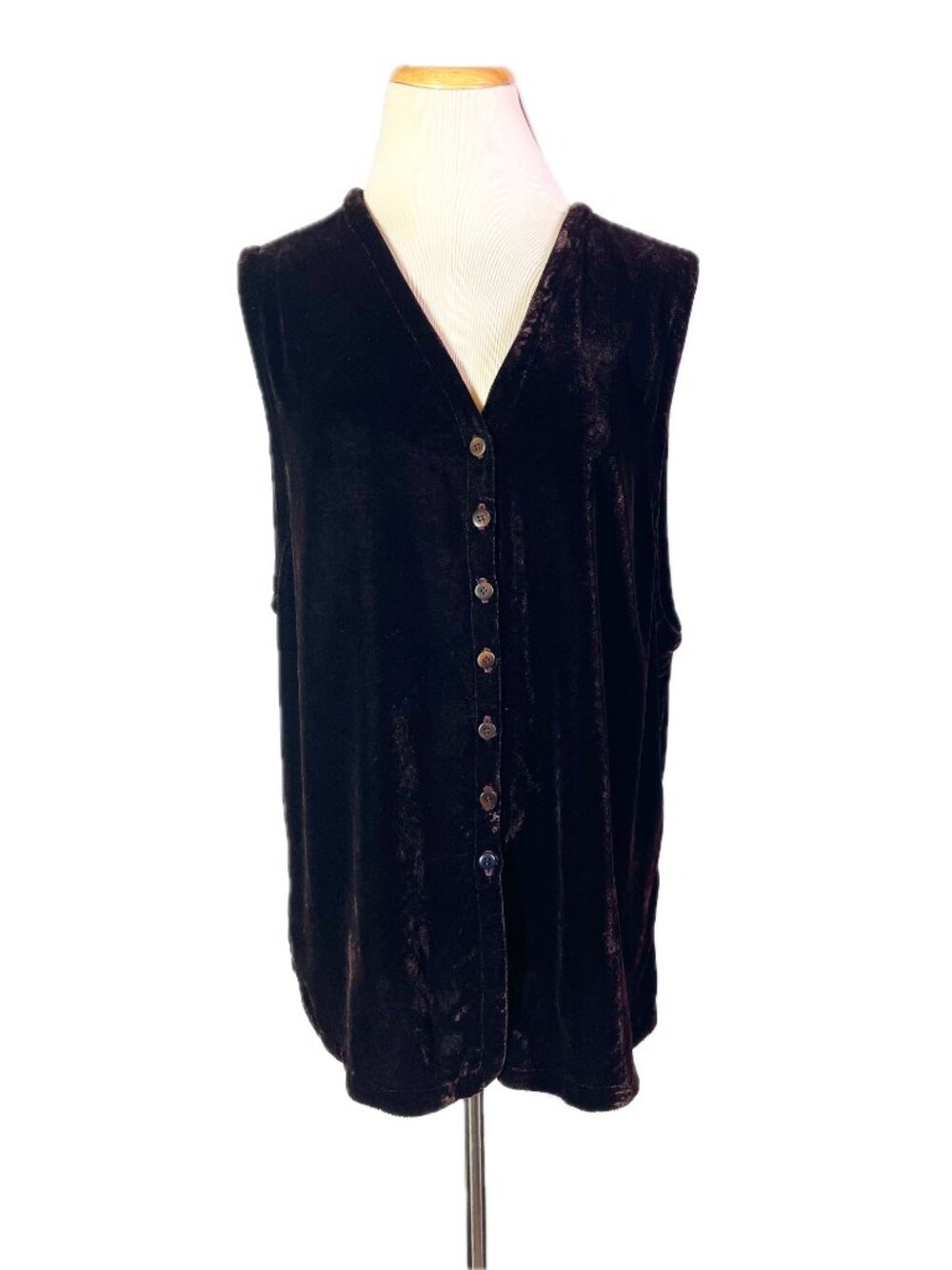 Vintage Eileen Fisher Size 2 Velvet Button-Front Vest Plum Brown